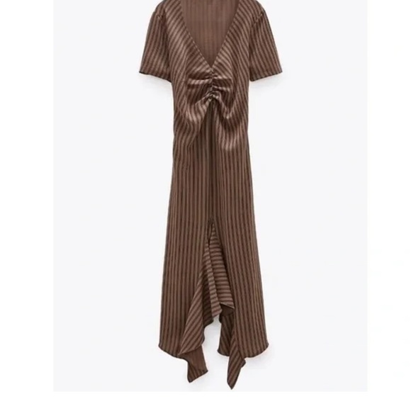 Zara 90’s Inspired Ruffled Ruched V-Neck Midi Brown Dress - Picture 11 of 11